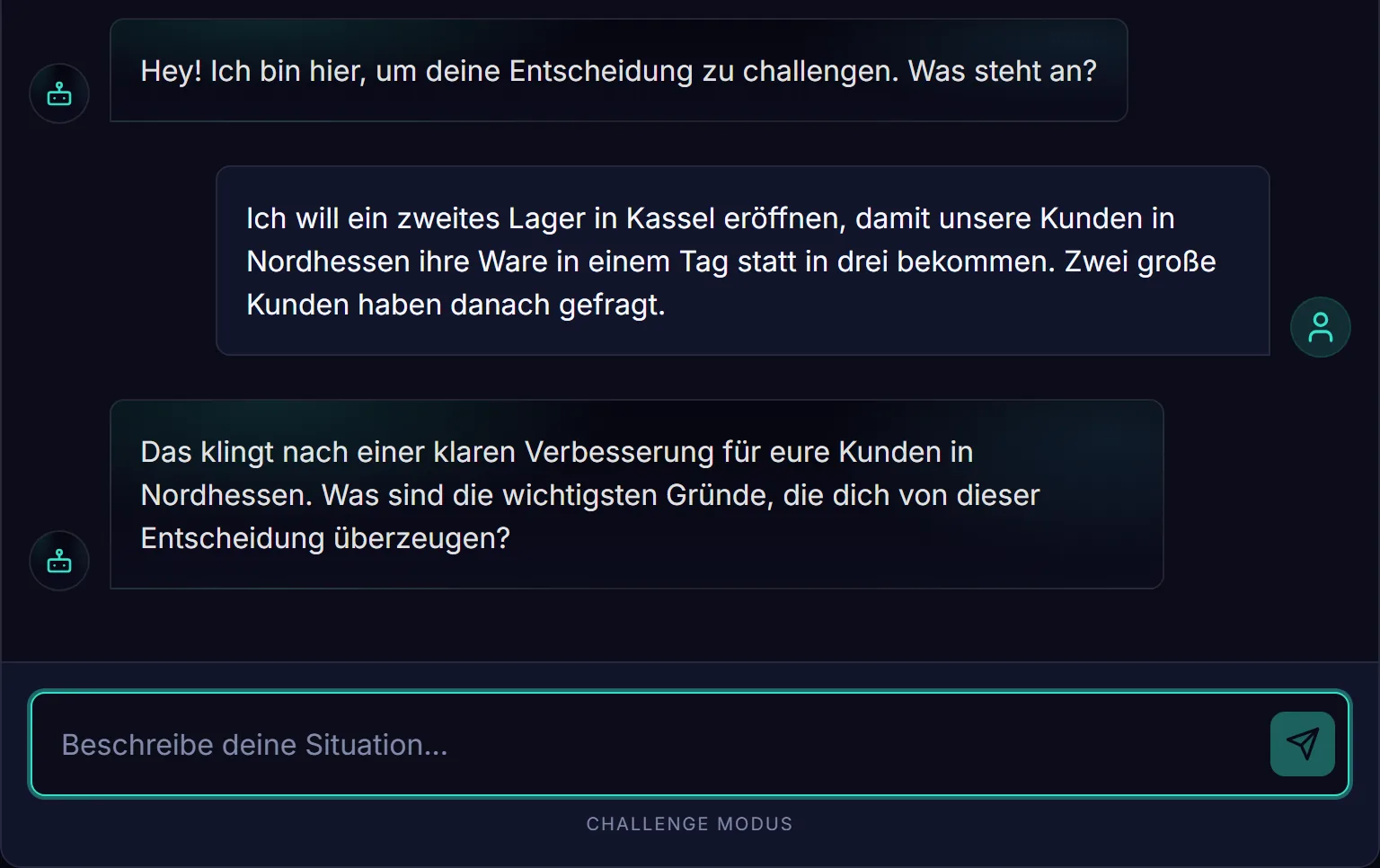 Advocatus Diaboli: ein Gesprächsverlauf, in dem die KI zu einer Entscheidung Gegenfragen stellt