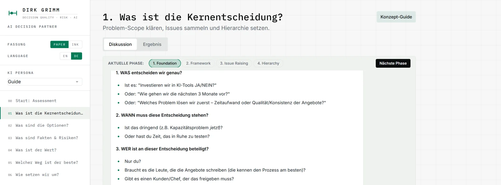 Decision Coach: geführter Ablauf durch eine Entscheidung in sieben Modulen